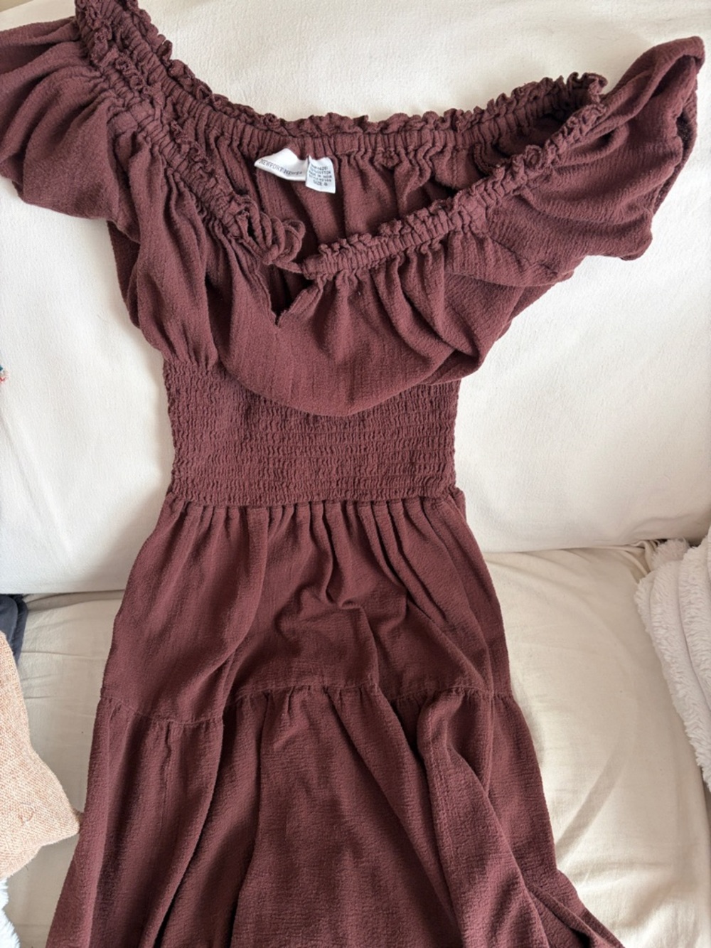Newport News Off-Shoulder Smocked Midi Dress in Plum Brown